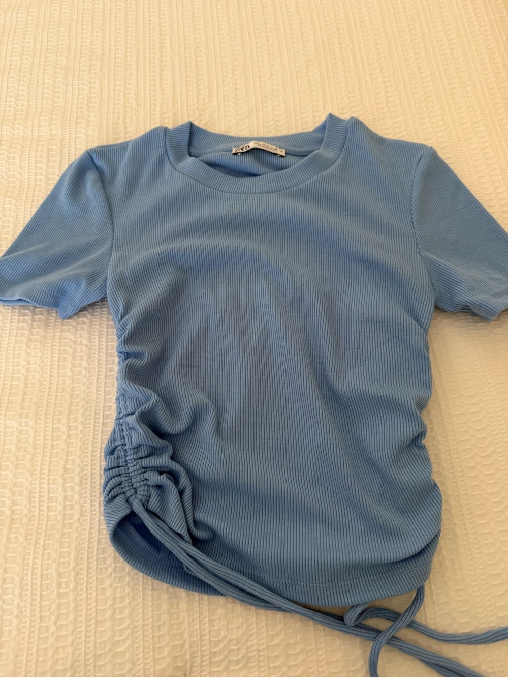 Zara Light Blue Ribbed Side-Tie Tee
